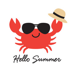 Hello summer crab wearing sunglasses and holding summer hat vector illustration. Summer beach vacation graphic.