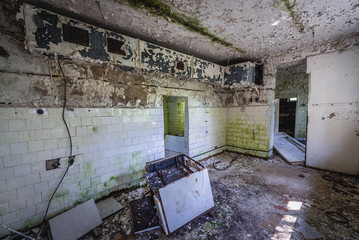 Old oven in kitchen of abandoned preschool in former Soviet military town Skrunda-1 in Latvia