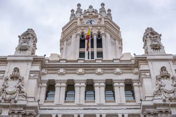 Fototapeta na wymiar Close up on Cybele Palace on a Cybele Square in Madrid, capital city of Spain