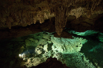 Interior of a cenote (underground river sinkhole) located in Hacienda Sotuta de Peon, Tecoh, Yucatan, Mexico.