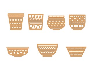 Set of empty flowerpots isolated on white background. Flowerpots with cute ornament. Gardening, horticulture concept