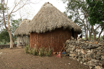 A traditional Mayan house is displayed for the tourists at the historic Hacienda Sotuta de Peon, Tecoh, Yucatan, Mexico.