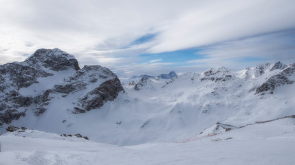 Winter landscape in St. Moritz (German: Sankt Moritz; Italian: San Maurizio), a resort town in the Engadine valley in Switzerland