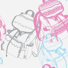 Seamless pattern with backpacks. Time to travel. Drawing by hand. Stylish summer background.