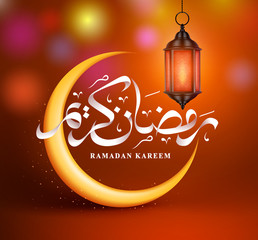 Ramadan kareem vector greeting design with crescent moon, ramadan arabic calligraphy and lantern or fanous in colorful night background for islamic holy month. Vector illustration.