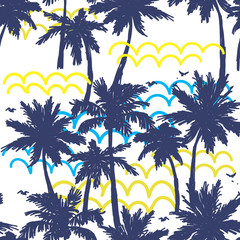 Seamless pattern with palm trees. Stylish summer background. Drawing by hand. Bright color, juicy and fresh.