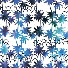 Seamless pattern with palm trees. Stylish summer background. Drawing by hand. Bright color, juicy and fresh.