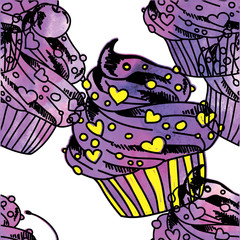 Seamless pattern with cakes. Cake with cherries. Drawing by hand. Background with sweets.
