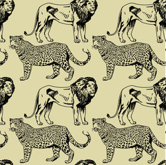 Wild cats. Tigers and leopards. Freehand drawing with pencil. Background for text. Summer background. Seamless pattern