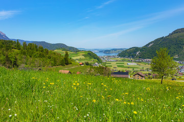 A springtime view from the foot of Mt. Stanserhorn in the Swiss canton of Nidwalden towards Lake Lucerne.
