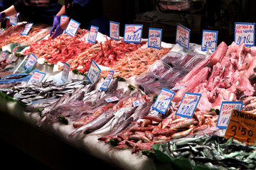 Palma Mallorca, Spain - March 20, 2019 : fresh fish and seafood display for sale in the local fish market stall