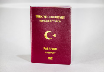 Turkish passport on white background.