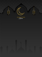 Ramadan Kareem ,Ramadan mubarak background. Design with  moon,  lantern on gold, black background. paper art style. Vector.