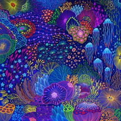 Under the Sea with coral concept design with ecosystem bursting illustration doodle neon colorful  painting style background 