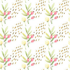 Seamless hand drawn watercolor pattern with delicate branches, leaves, yellow and red berries and golden dots on white background