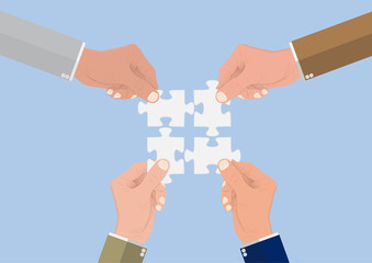 Businessman's hands connecting puzzle pieces jigsaw together,successful solution teamwork cooperation business concept vector illustration