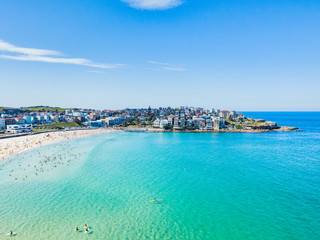 An aerial view of Bondi Beach in Sydney, Australia with blue water