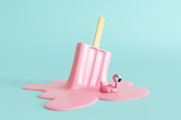 Pink stick ice cream melting with flamingo float on pastel blue background. Creative idea minimal summer concept. 3d rendering