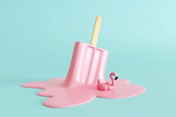 Pink stick ijs smelten met flamingo float op pastel blauwe achtergrond. Creatief idee minimaal zomerconcept. 3D-rendering © aanbetta