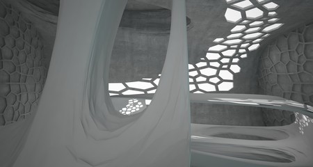 Obraz premium Abstract concrete and glass interior with neon lighting. 3D illustration and rendering.