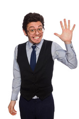 Young businessman in funny concept on white