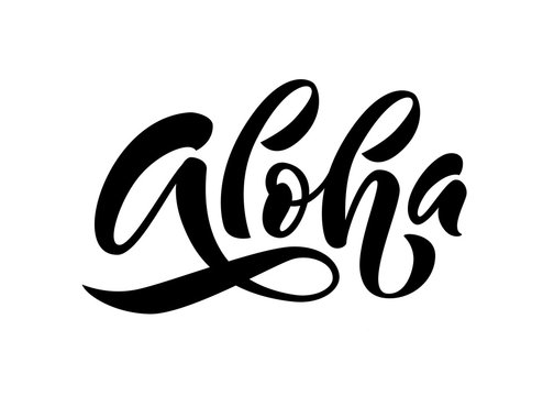 Aloha word lettering. Vector illustration for print on shirt, card Hawaiian text hello phrase.