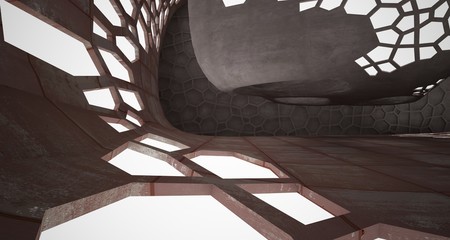 Obraz premium Abstract room interior of sheets rusted metal . Architectural background. 3D illustration and rendering
