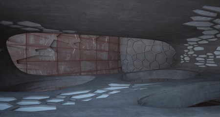 Empty  abstract room interior of sheets rusted metal. Architectural background. 3D illustration and rendering