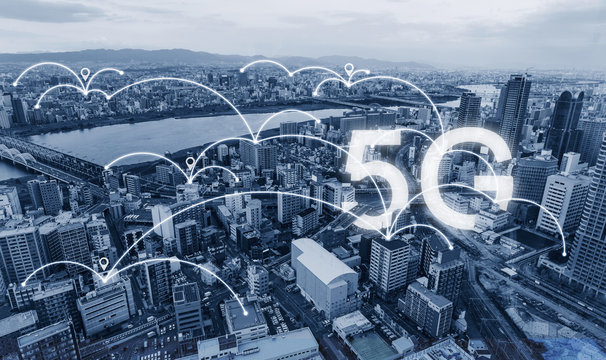 Network connection technology in the city, with 5g internet networking sign