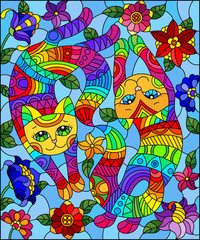 Illustration in stained glass style with a pair of rainbow cute cats on a background  bright flowers and sky