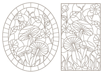 Fototapeta premium Set contour illustrations in the stained glass style snail on mushroom, dark outline on a white background