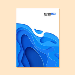 Abstract blue flyer in cut paper style. Cutout sea wave template for for save the Earth posters, eco brochures, presentations, invitations with place for text .Vector water applique card illustration.