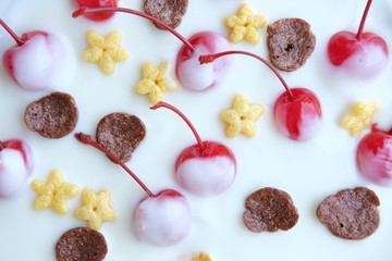 Healthy yogurt with cereal and muesli background