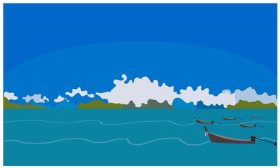 Fototapeta na wymiar Scenic of seaview with long tail boat on blue sky day , vector