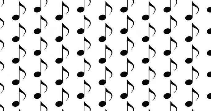 Music note background clip motion backdrop video in a seamless repeating loop.  Black and white musical notes icon pattern background high definition motion video clip