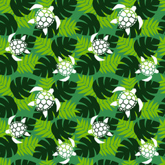 Seamless Tropical and Hawaiian Aloha Pattern, Green sea turtle and leaves in Pacific islands © Hiromi Ito Ame