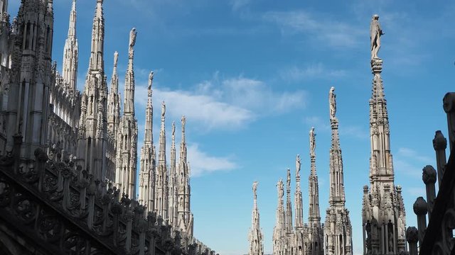 Milano, Italy. The spiers of white marble that adorn the entire cathedral. The Duomo is the most famous landmark in Milan