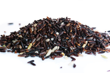 Brown rice, riceberry organic food  in white bowl Isolated and white background