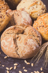 Fresh baked rolls with seeds and ears of rye or wheat grain. Vintage photo