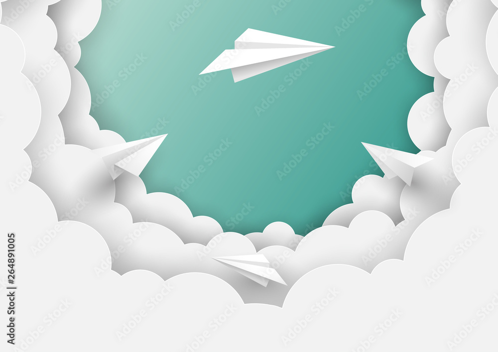 Poster paper airplanes flying on cloudscape and sky background.paper art of business teamwork concept vecto