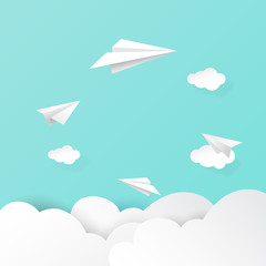 Paper airplanes flying on clouds and sky background.Paper art of business teamwork concept vector illustration.