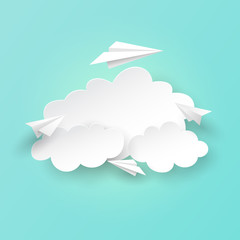 Paper airplanes flying on clouds and sky background.Paper art of business teamwork concept vector illustration.