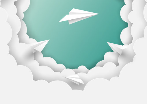 Paper airplanes flying on cloudscape and sky background.Paper art of business teamwork concept vector illustration.