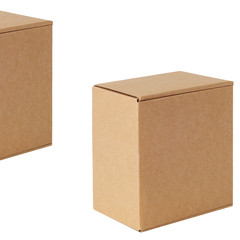 Cardboard boxes of various sizes are arranged in a row diagonally. Isolated on a white background.