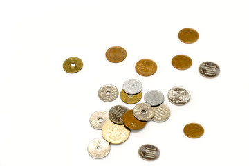 Japan yen currency coins spread from stack with copy space isolate on white background.