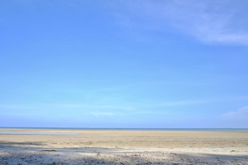 A beautiful sea beach with water waves and a horizontal line,blue sky in bright day