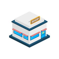 Isometric shop or market store front exterior facade. Vector illustration.