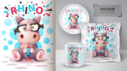 Cute rhino with fish- mockup for your idea