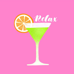 Hand written lettering poster Relax. Illustration of a cocktail on pink background with calligraphy.