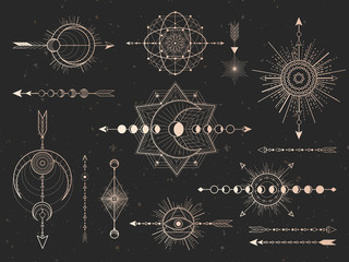 Obraz na płótnie Canvas Vector set of Sacred symbols arrows, moon and eye on black grunge background. Gold abstract mystic signs collection.